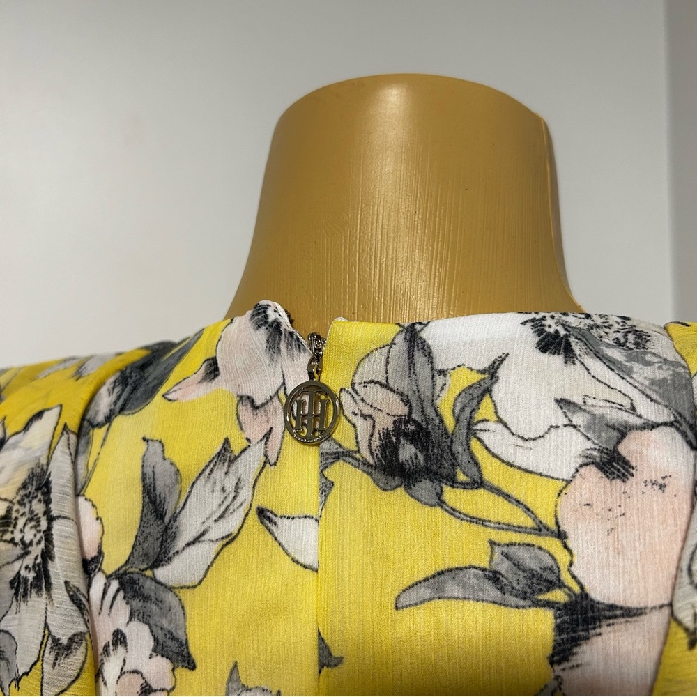 Tommy Hilfiger Yellow Floral Ruffle Tiered Dress Size 2 V-Neck Tie Waist Cap - Picture 4 of 6